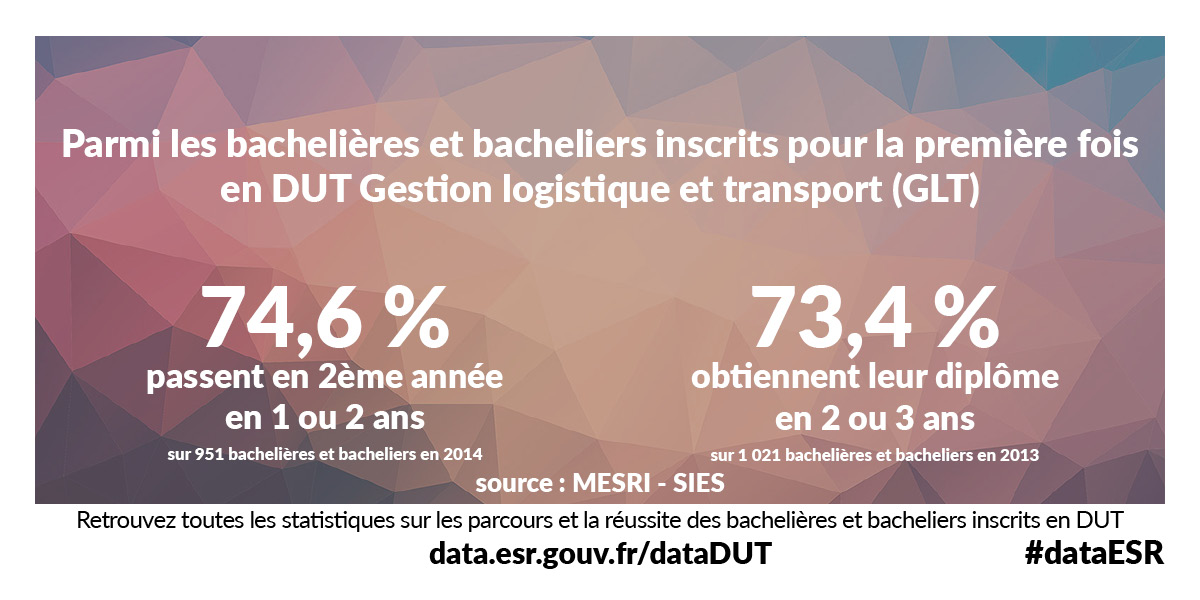 Parmi les bachelières et bacheliers inscrits pour la première fois en DUT Gestion logistique et transport (GLT) 74.6% passent en 2ème année en 1 ou 2 ans (sur 951 bachelières et bacheliers en 2014) et 73.4% obtiennent leur diplôme en 2 ou 3 ans (sur 1021 bachelières et bacheliers en 2013) - Source : MESRI - SIES