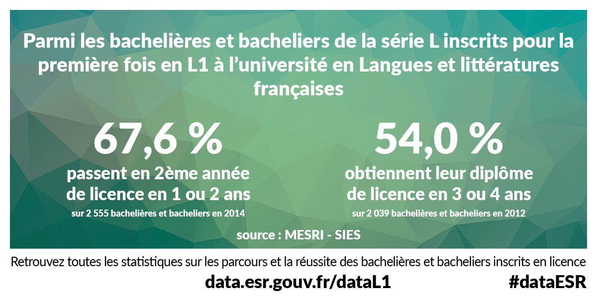 Parmi les bachelières et bacheliers de la série L inscrits pour la première fois en L1 à l’université en Langues et littératures françaises 67.6% passent en 2ème année de licence en 1 ou 2 ans (sur 2555 bachelières et bacheliers en 2014) et 54.0% obtiennent leur diplôme de licence en 3 ou 4 ans (sur 2039 bachelières et bacheliers en 2012) - Source : MESRI - SIES
