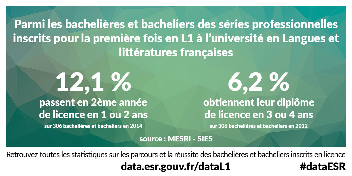 Parmi les bachelières et bacheliers des séries professionnelles inscrits pour la première fois en L1 à l’université en Langues et littératures françaises 12.1% passent en 2ème année de licence en 1 ou 2 ans (sur 306 bachelières et bacheliers en 2014) et 6.2% obtiennent leur diplôme de licence en 3 ou 4 ans (sur 306 bachelières et bacheliers en 2012) - Source : MESRI - SIES