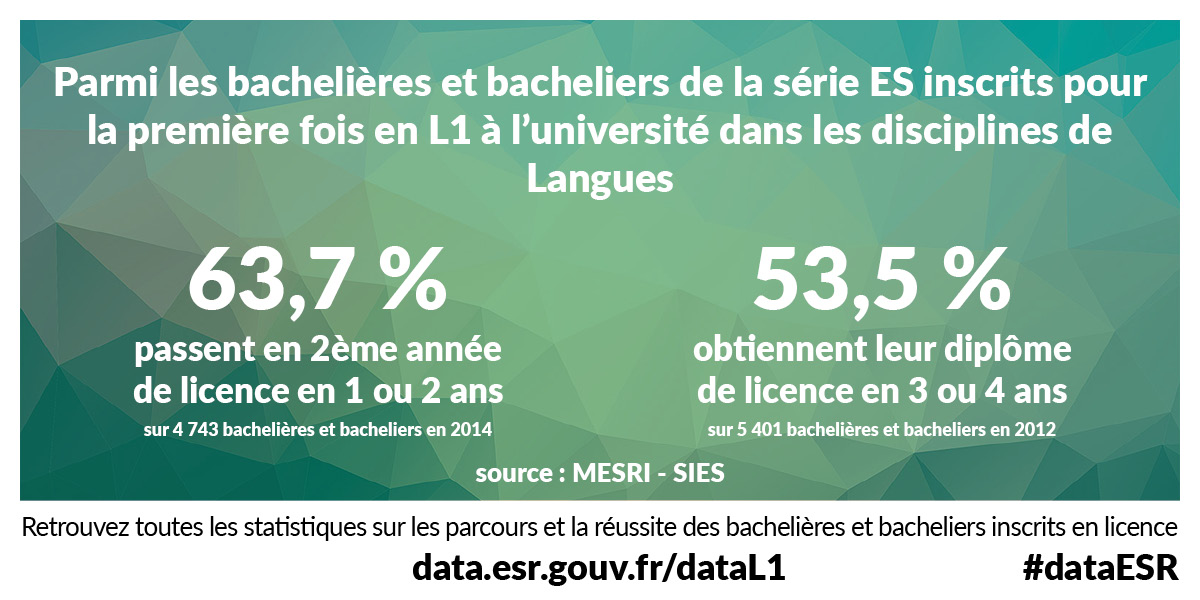 Parmi les bachelières et bacheliers de la série ES inscrits pour la première fois en L1 à l’université dans les disciplines de Langues 63.7% passent en 2ème année de licence en 1 ou 2 ans (sur 4743 bachelières et bacheliers en 2014) et 53.5% obtiennent leur diplôme de licence en 3 ou 4 ans (sur 5401 bachelières et bacheliers en 2012) - Source : MESRI - SIES