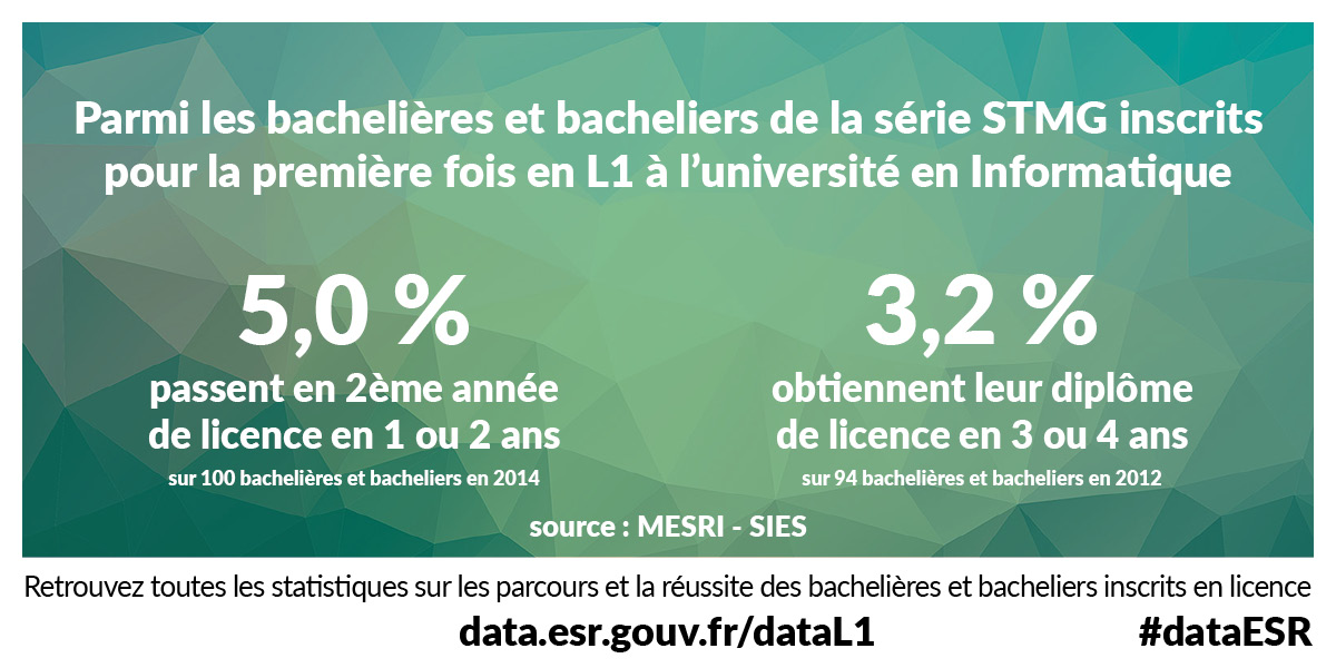 Parmi les bachelières et bacheliers de la série STMG inscrits pour la première fois en L1 à l’université en Informatique 5.0% passent en 2ème année de licence en 1 ou 2 ans (sur 100 bachelières et bacheliers en 2014) et 3.2% obtiennent leur diplôme de licence en 3 ou 4 ans (sur 94 bachelières et bacheliers en 2012) - Source : MESRI - SIES